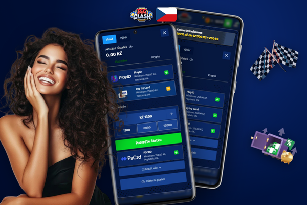 Smartphone s pokladnou Bigclash Casino a ikonami e-peněženek pro snadný vklad
