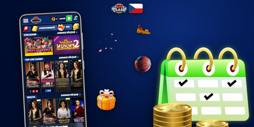 Bigclash Casino online app – lobby, živý stůl s krupiérem a sportovní tiket v jednom pohledu
